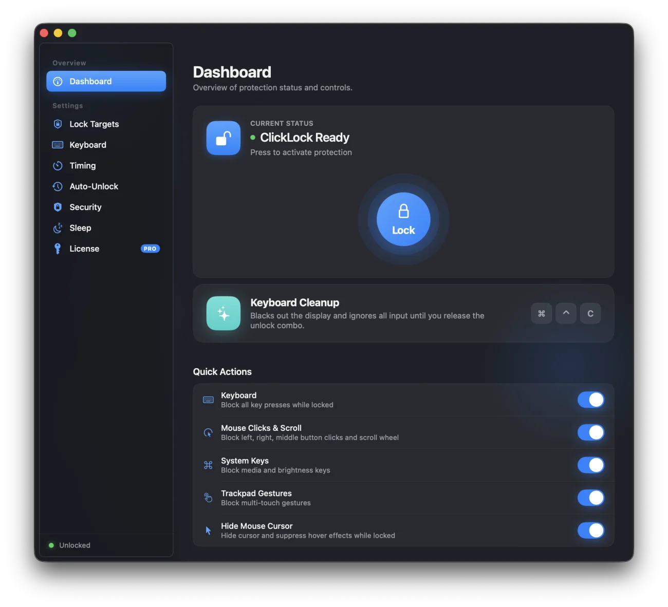 ClickLock dashboard